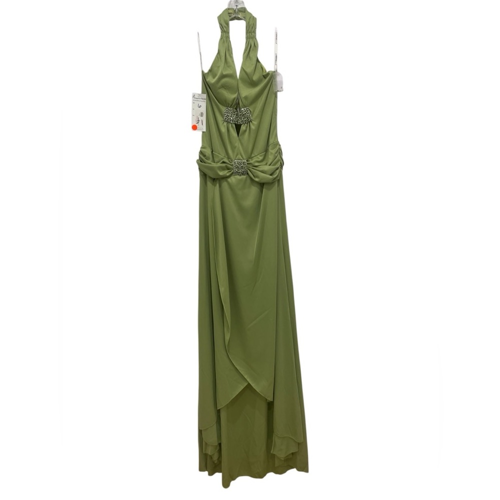 NWT Sage/Lime Green Halter Prom Dress w/ Beading and Cut Outs Y2K Vibes